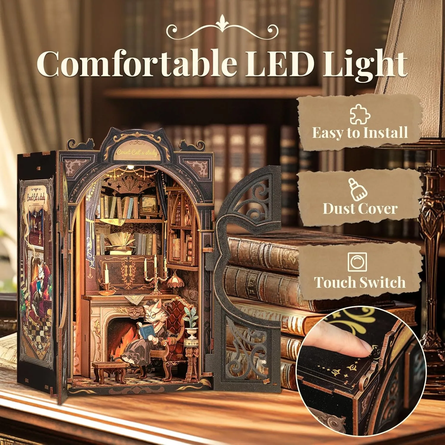 Lovers and Family (Count Cat's Study) CUTEBEE DIY Book Nook Kit, Miniature House Kits for Adult and Teens, DIY ingenious shine Manhattan Miniature Book Nook kit with Sensor Led Light, Gifts for 