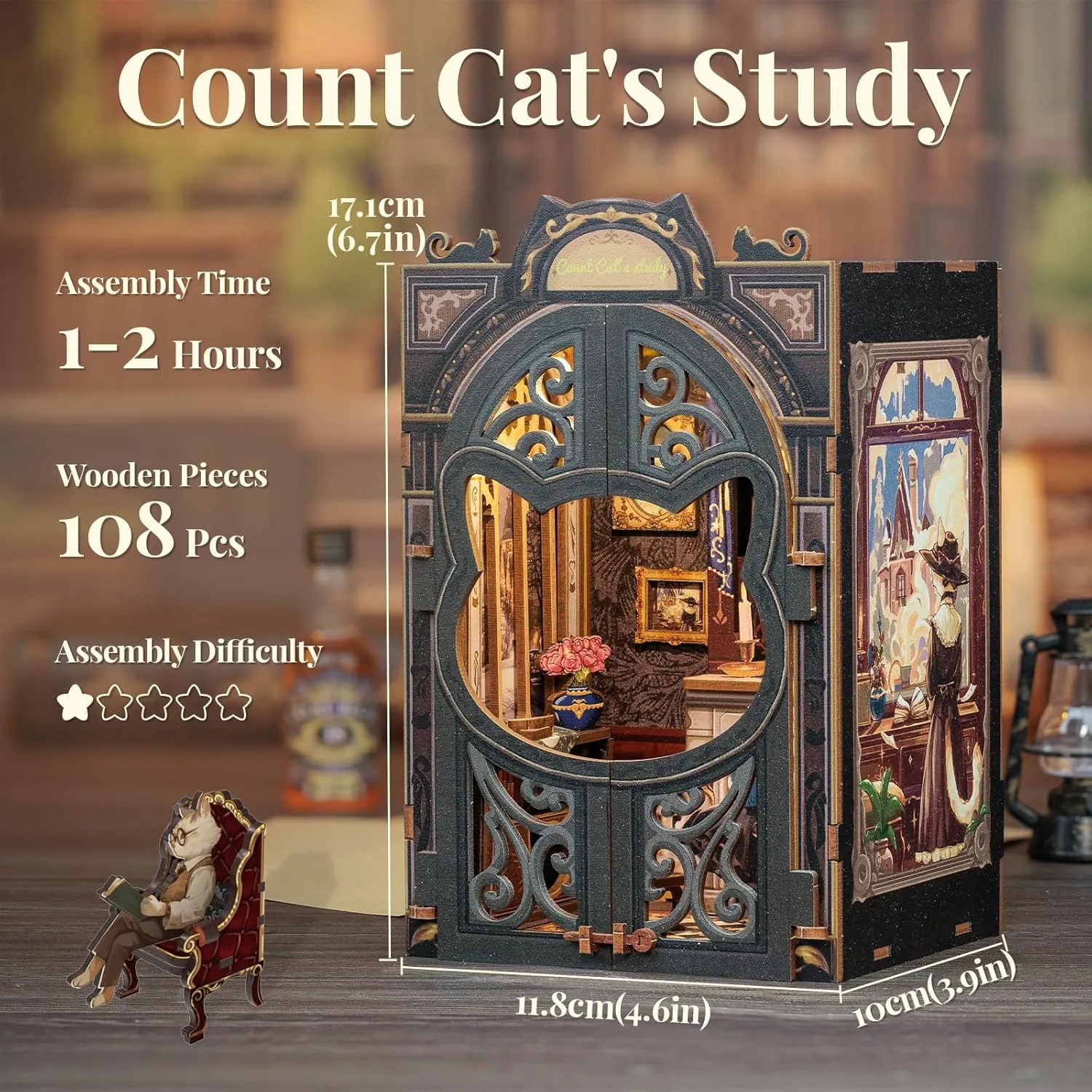 Lovers and Family (Count Cat's Study) CUTEBEE DIY Book Nook Kit, Miniature House Kits for Adult and Teens, DIY ingenious shine Manhattan Miniature Book Nook kit with Sensor Led Light, Gifts for 
