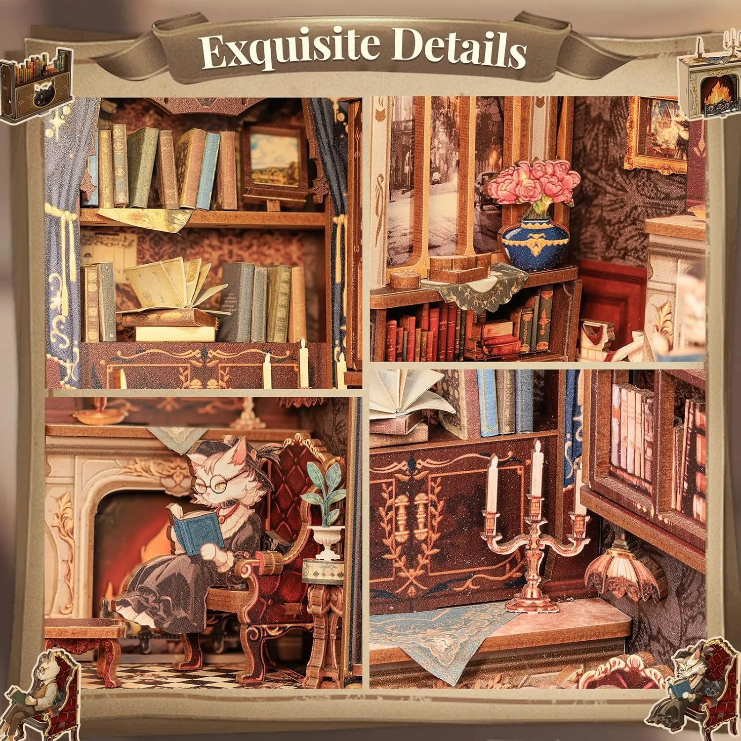 Lovers and Family (Count Cat's Study) CUTEBEE DIY Book Nook Kit, Miniature House Kits for Adult and Teens, DIY ingenious shine Manhattan Miniature Book Nook kit with Sensor Led Light, Gifts for 