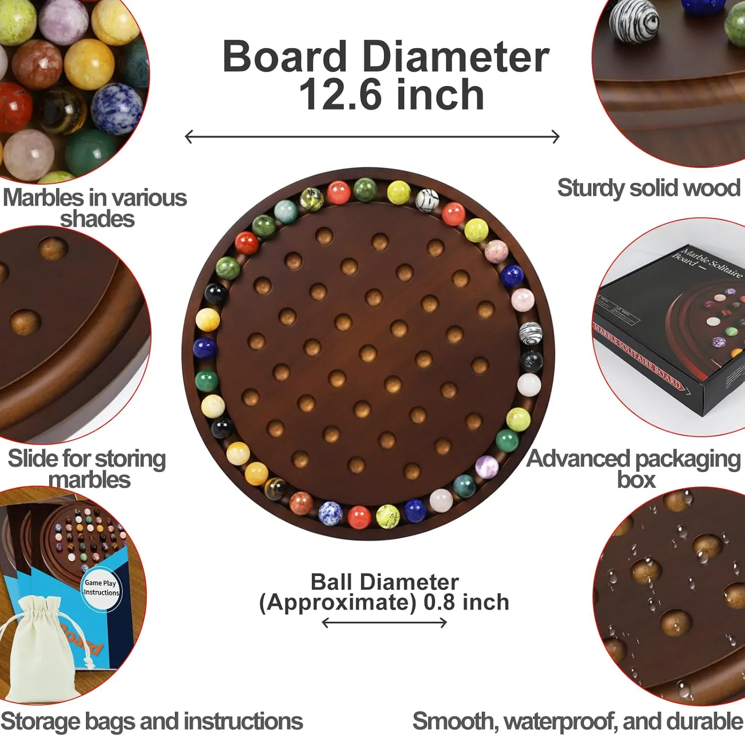 Marble Marbles Classic Thick Round Board Games for Adults Game Night (Walnut, Medium) Large Solitaire Game Handmade Solid Wooden Marble Board Game skip conceal aesthetic acknowledge carpenter siliceous Set with 36 Natural 