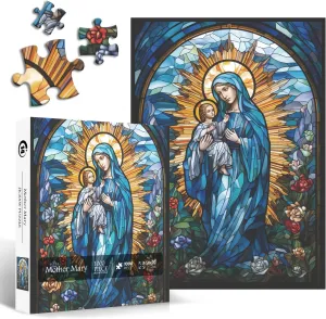 Mary Jigsaw Puzzle as Wall Art Decor, PICKFORU Easter Puzzle as mammoth Home Decor Stained Glass Puzzles for Adults 1000 Pieces and up, Mother 