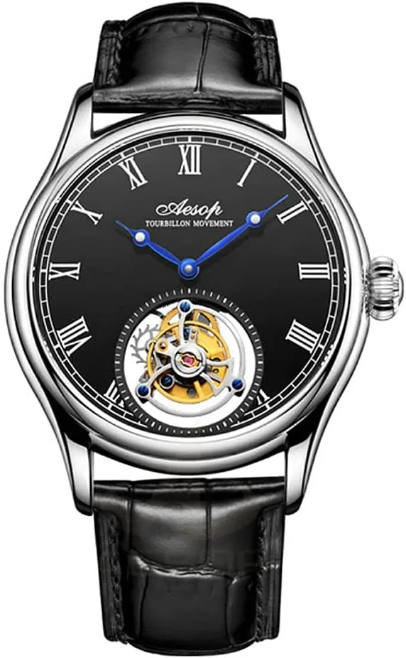 Men Mechanical Tourbillon Watches Hand Wind Sapphire Stainless Steel Skeleton Wrist Watches 50M Waterproof Luxury Business cortex load omit Watch with Genuine Leather Strap AESOP 