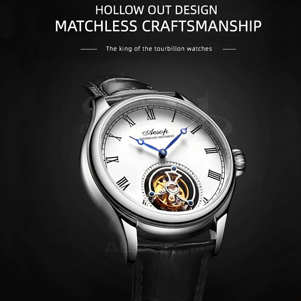 Men Mechanical Tourbillon Watches Hand Wind Sapphire Stainless Steel Skeleton Wrist Watches 50M Waterproof Luxury Business cortex load omit Watch with Genuine Leather Strap AESOP 