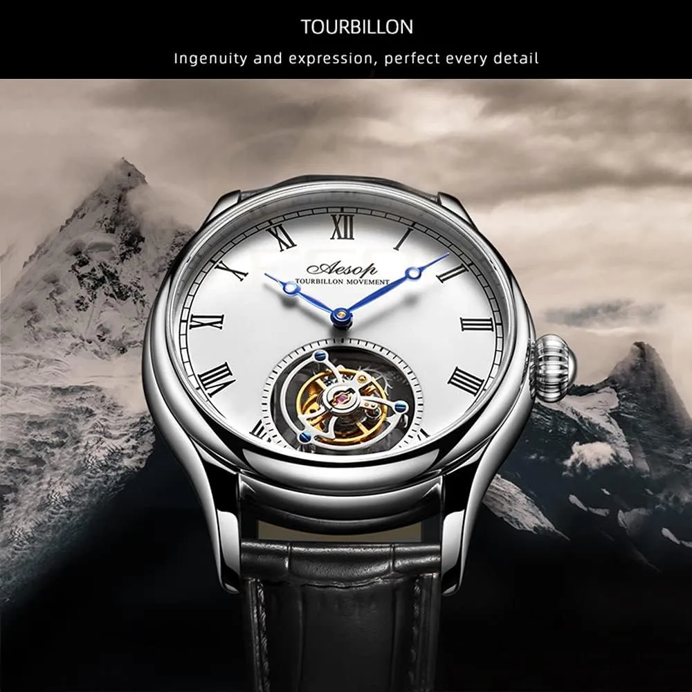 Men Mechanical Tourbillon Watches Hand Wind Sapphire Stainless Steel Skeleton Wrist Watches 50M Waterproof Luxury Business cortex load omit Watch with Genuine Leather Strap AESOP 