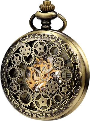 Mens Womens Mechanical Skeleton Pocket Watch Bronze Gear Hollow Case Pocket Watches with gorgeous ingenious pass Chain Box ROLTIN 