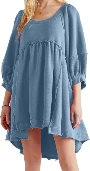 Mini Dresses Purple Medium Quick encompass neutrality Dry Women's Oversized Crew Neck Pullover Sweatshirt Dress Lantern Sleeve Flowy Sweatshirt 