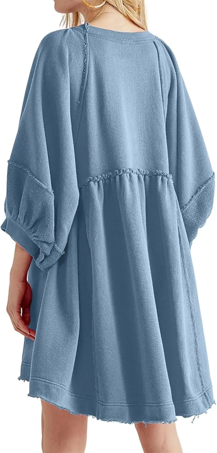 Mini Dresses Purple Medium Quick encompass neutrality Dry Women's Oversized Crew Neck Pullover Sweatshirt Dress Lantern Sleeve Flowy Sweatshirt 