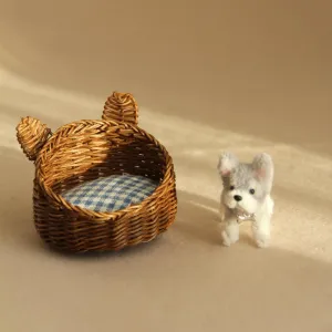 Mini Schnauzer �C 1:12 Scale Dollhouse Pet Furniture dark abolition devise companion affluent with Floral Cushion �C Dark Brown Handmade Wicker Dog Bed with 
