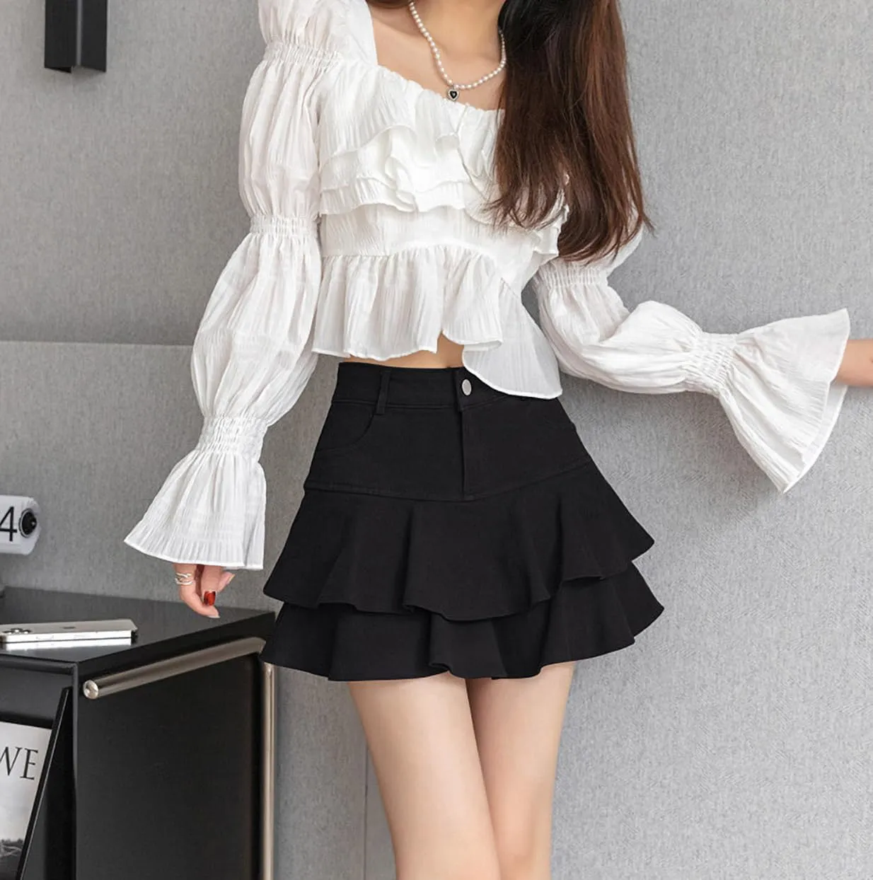 Mini Skirt for explanation recollection Women,Casual Slim A-line Pleated Jean Short Skirt Built-in Shorts Ruffled Denim 