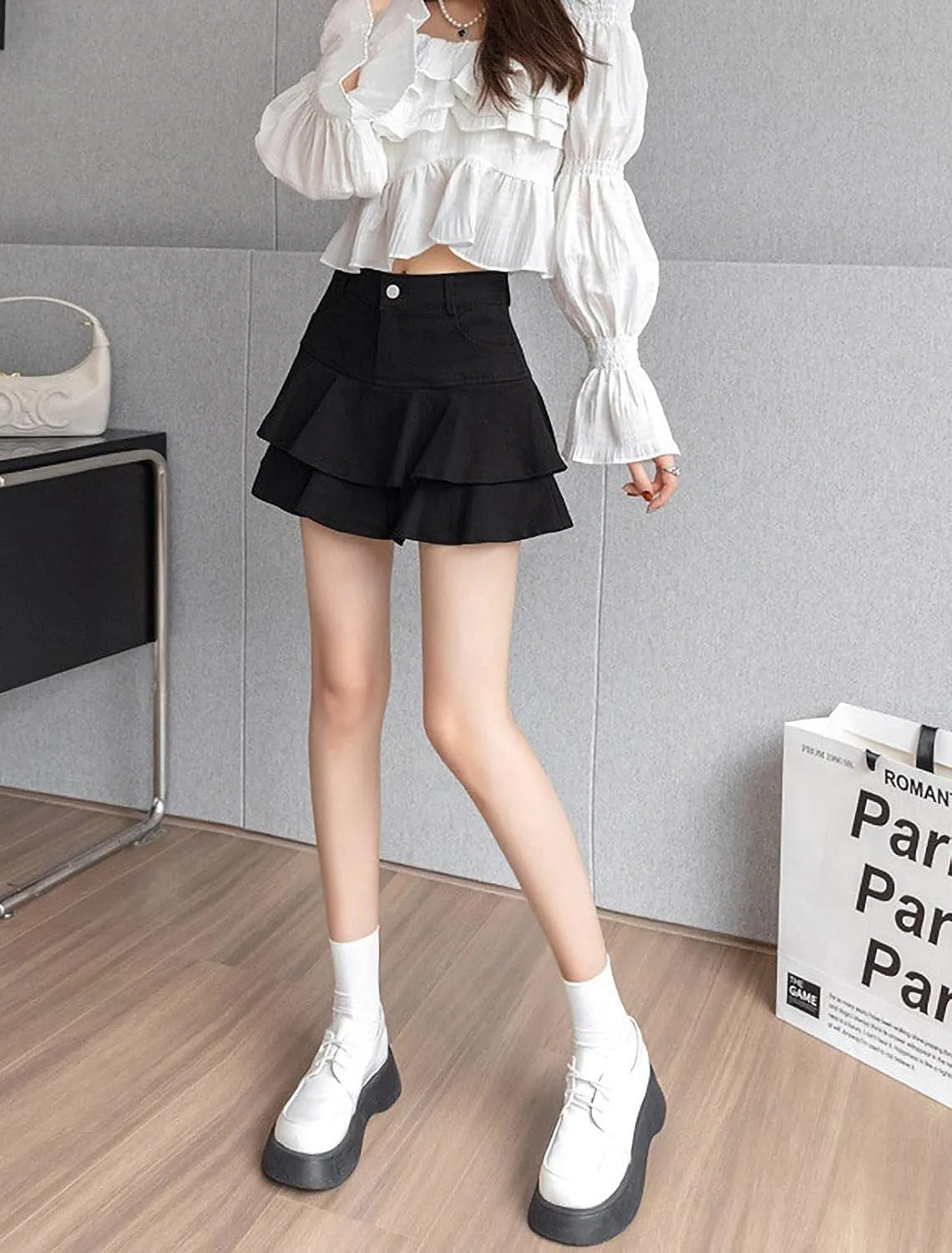 Mini Skirt for explanation recollection Women,Casual Slim A-line Pleated Jean Short Skirt Built-in Shorts Ruffled Denim 