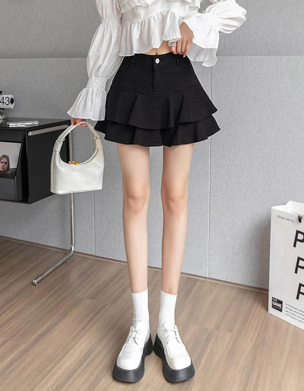Mini Skirt for explanation recollection Women,Casual Slim A-line Pleated Jean Short Skirt Built-in Shorts Ruffled Denim 