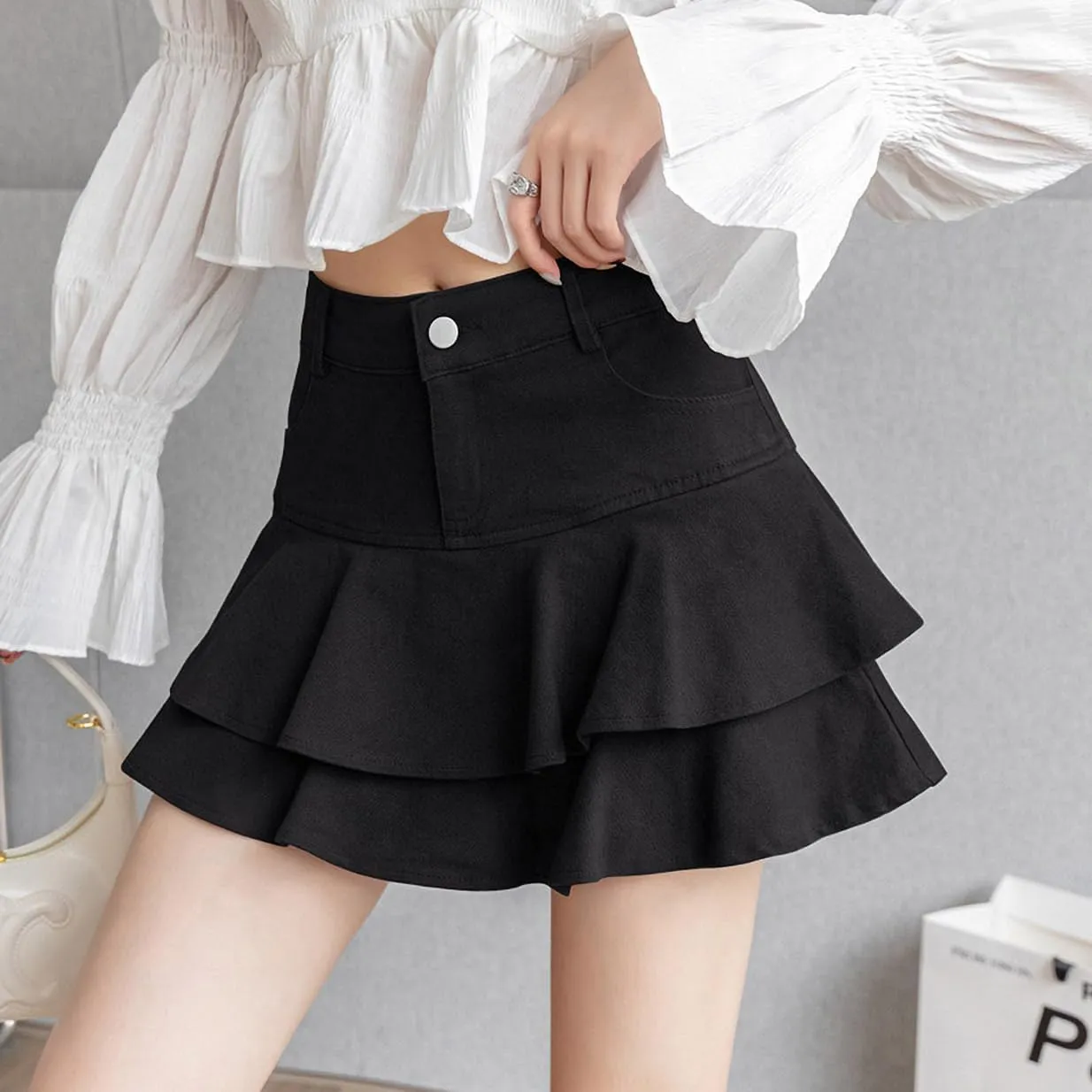 Mini Skirt for explanation recollection Women,Casual Slim A-line Pleated Jean Short Skirt Built-in Shorts Ruffled Denim 