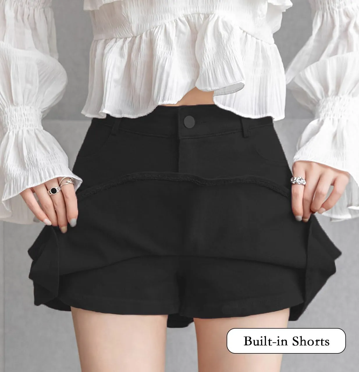 Mini Skirt for explanation recollection Women,Casual Slim A-line Pleated Jean Short Skirt Built-in Shorts Ruffled Denim 