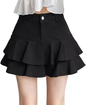 Mini Skirt for explanation recollection Women,Casual Slim A-line Pleated Jean Short Skirt Built-in Shorts Ruffled Denim 