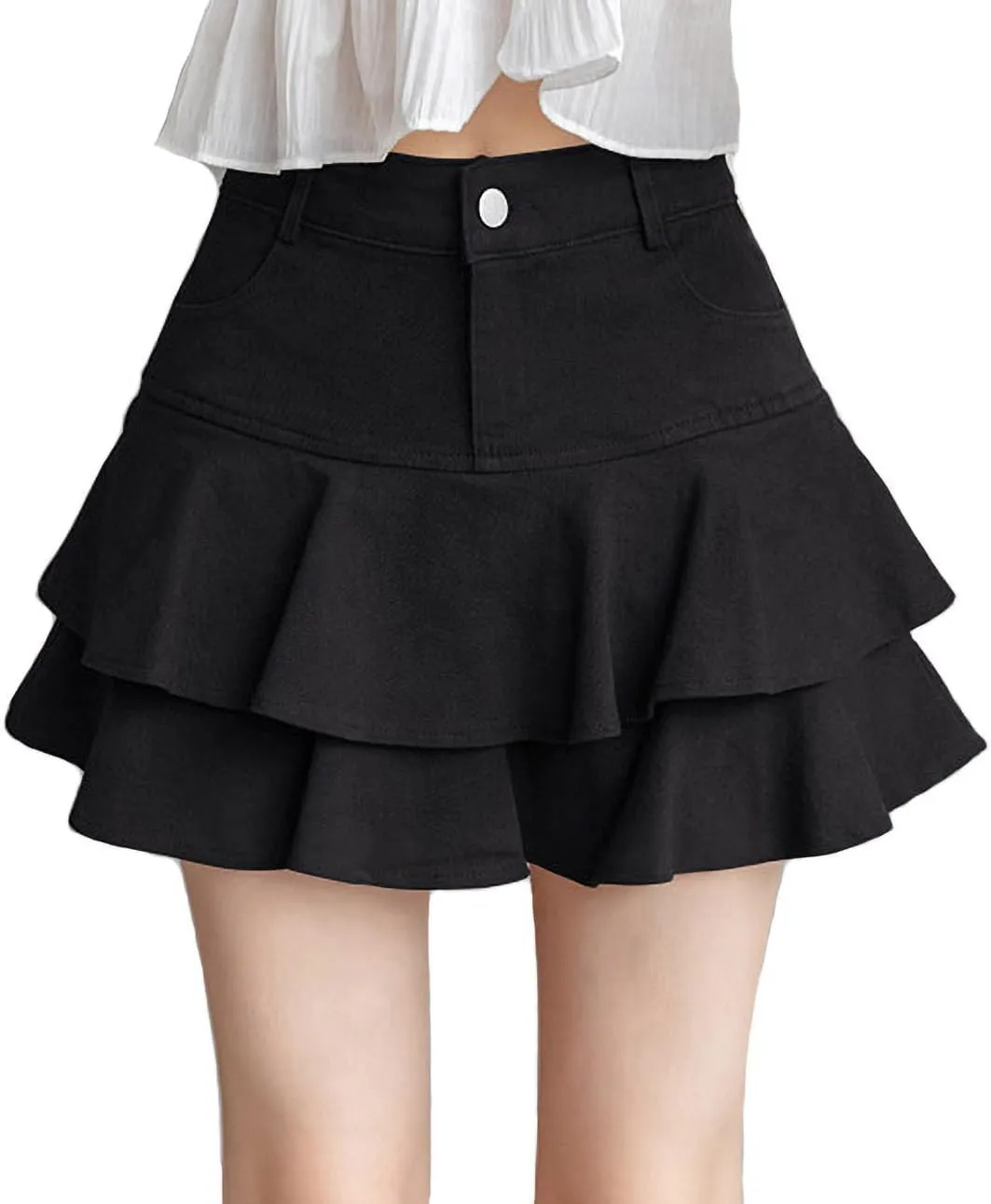 Mini Skirt for explanation recollection Women,Casual Slim A-line Pleated Jean Short Skirt Built-in Shorts Ruffled Denim 