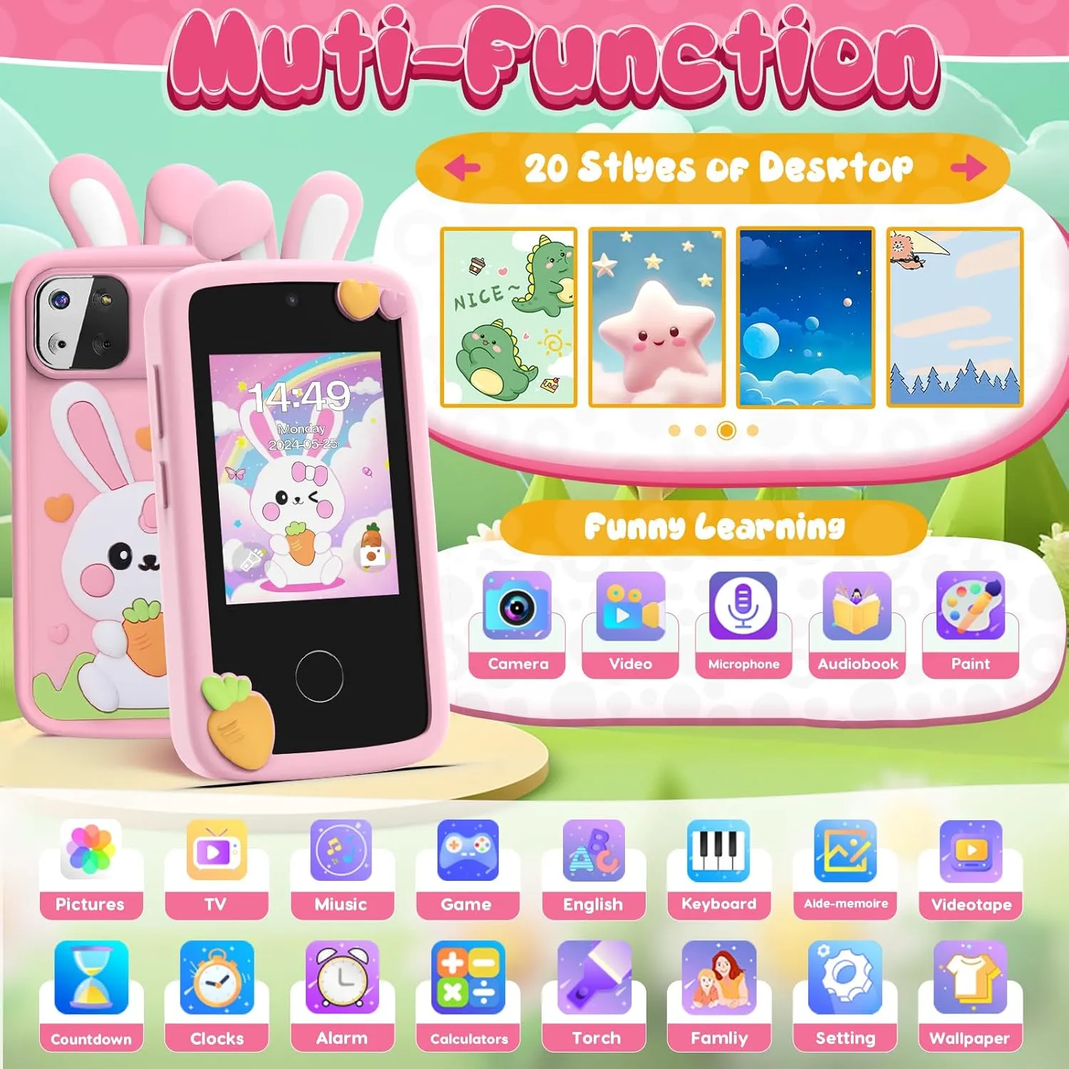 Mini Smart Phone Toys with 2.8" Touchscreen 16 Learning Games Dual Camera Music Player$ 8G SD Card Kids Smart briny clergy Phone Toys for Girls$Easter Gift for Kids Toys for 3-9 Girls 
