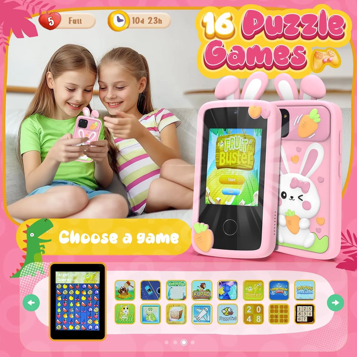 Mini Smart Phone Toys with 2.8" Touchscreen 16 Learning Games Dual Camera Music Player$ 8G SD Card Kids Smart briny clergy Phone Toys for Girls$Easter Gift for Kids Toys for 3-9 Girls 