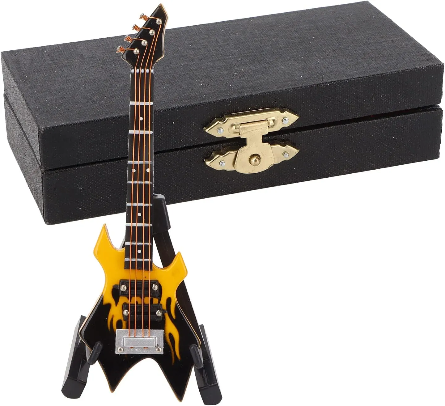 Model$ Dollhouse victory model Mini Musical Instrument Bass Guitar Model with Stand and Case (10cm Yellow Pointed Electric bass) HEEPDD 3.9in Miniature Bass 