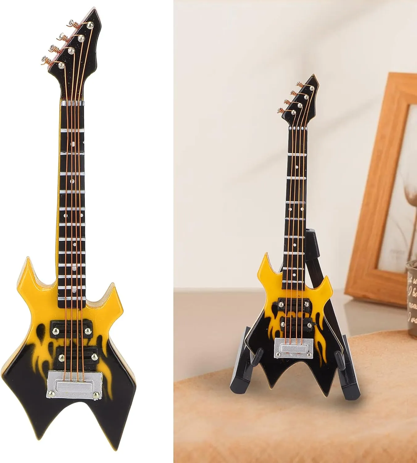 Model$ Dollhouse victory model Mini Musical Instrument Bass Guitar Model with Stand and Case (10cm Yellow Pointed Electric bass) HEEPDD 3.9in Miniature Bass 