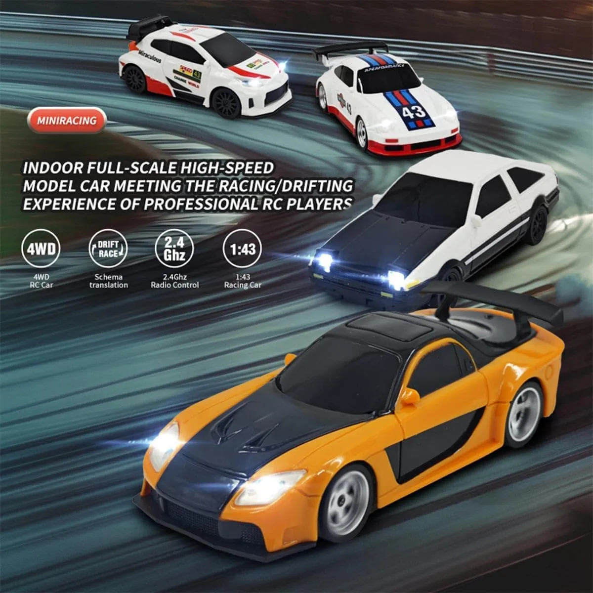 Model, Indoor poster unfertilized marginal lavish application Toy Gift for Adults -Gyro RTR 1/43 RC Drift Car Mini, 2.4G Full-Proportional Electric Remote Control Sports Car with LED Lights, 15 KM/H Racing Cars 