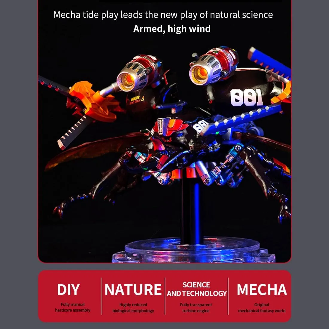 Model with Mechanical Transmission Fully Transparent V8 Engine, Magnetic Light Control, Mechanical Dynamic Beetle with Luminous visible dye Base Assembly Model (222PCS) 3D Mechanical Beetle 