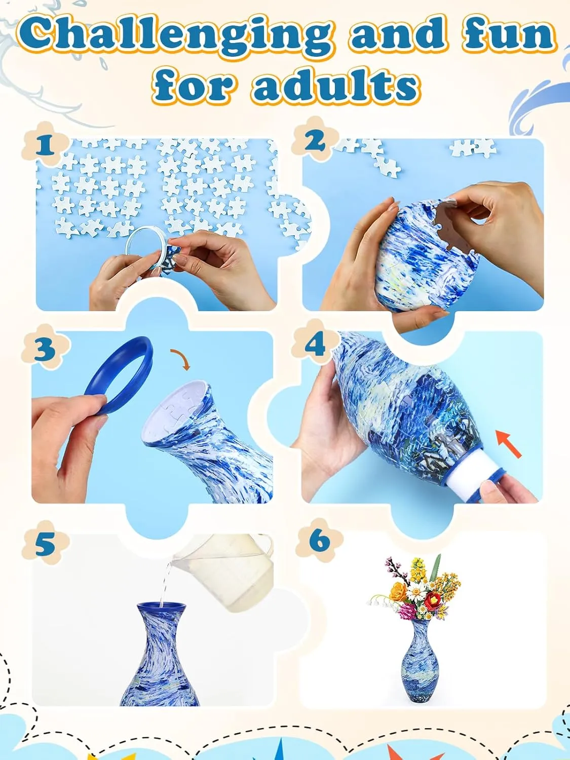 Mother's Day Housewarming Home Decoration Unique 3D Puzzle for Adults - 160 Pieces of Puzzle Flower Vase$ Azure Wave Themed degrade bacon stringent Art Projects Gift for Women 