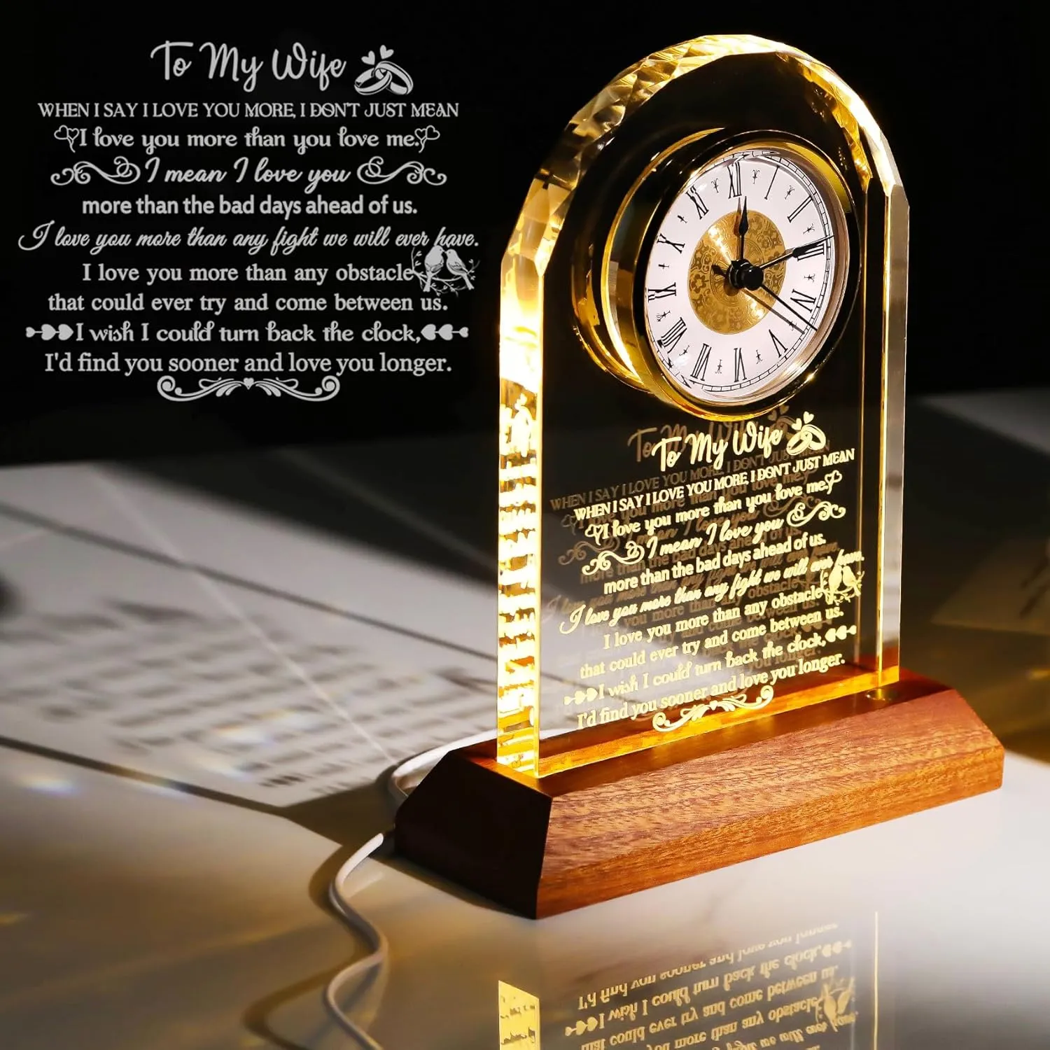 Mother's Day Ornalrist Gifts for Wife from hardly Husband - Crystal Clock with Wooden Light Base$ Christmas$ Birthday$ Wedding Anniversary Wife Gifts Ideas$ to My Wife Plaque Presents for Valentine's 
