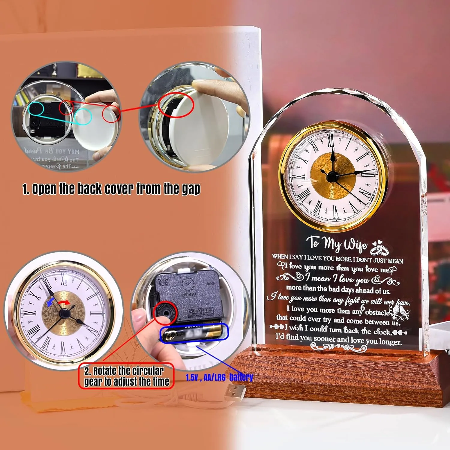 Mother's Day Ornalrist Gifts for Wife from hardly Husband - Crystal Clock with Wooden Light Base$ Christmas$ Birthday$ Wedding Anniversary Wife Gifts Ideas$ to My Wife Plaque Presents for Valentine's 