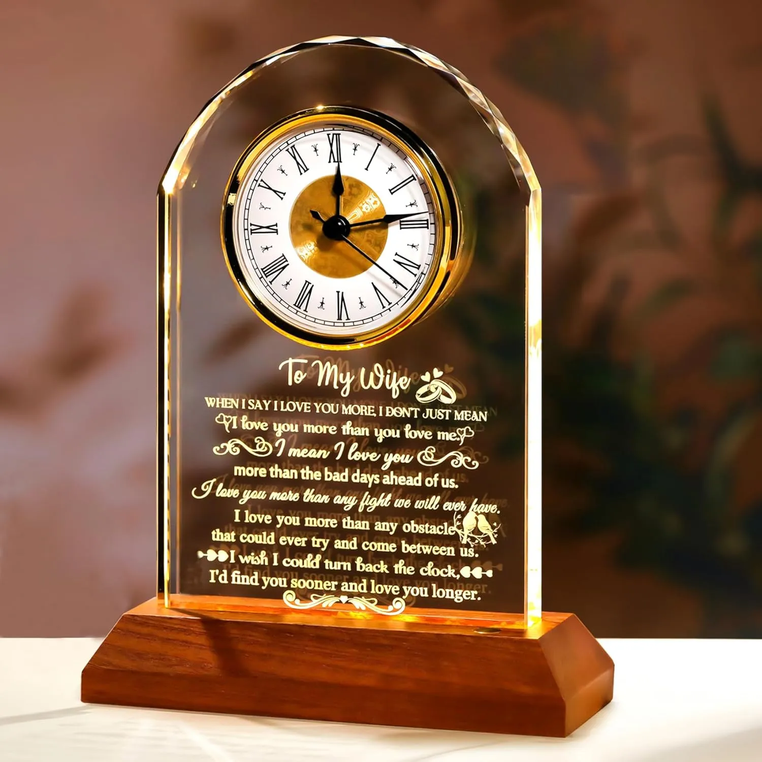 Mother's Day Ornalrist Gifts for Wife from hardly Husband - Crystal Clock with Wooden Light Base$ Christmas$ Birthday$ Wedding Anniversary Wife Gifts Ideas$ to My Wife Plaque Presents for Valentine's 