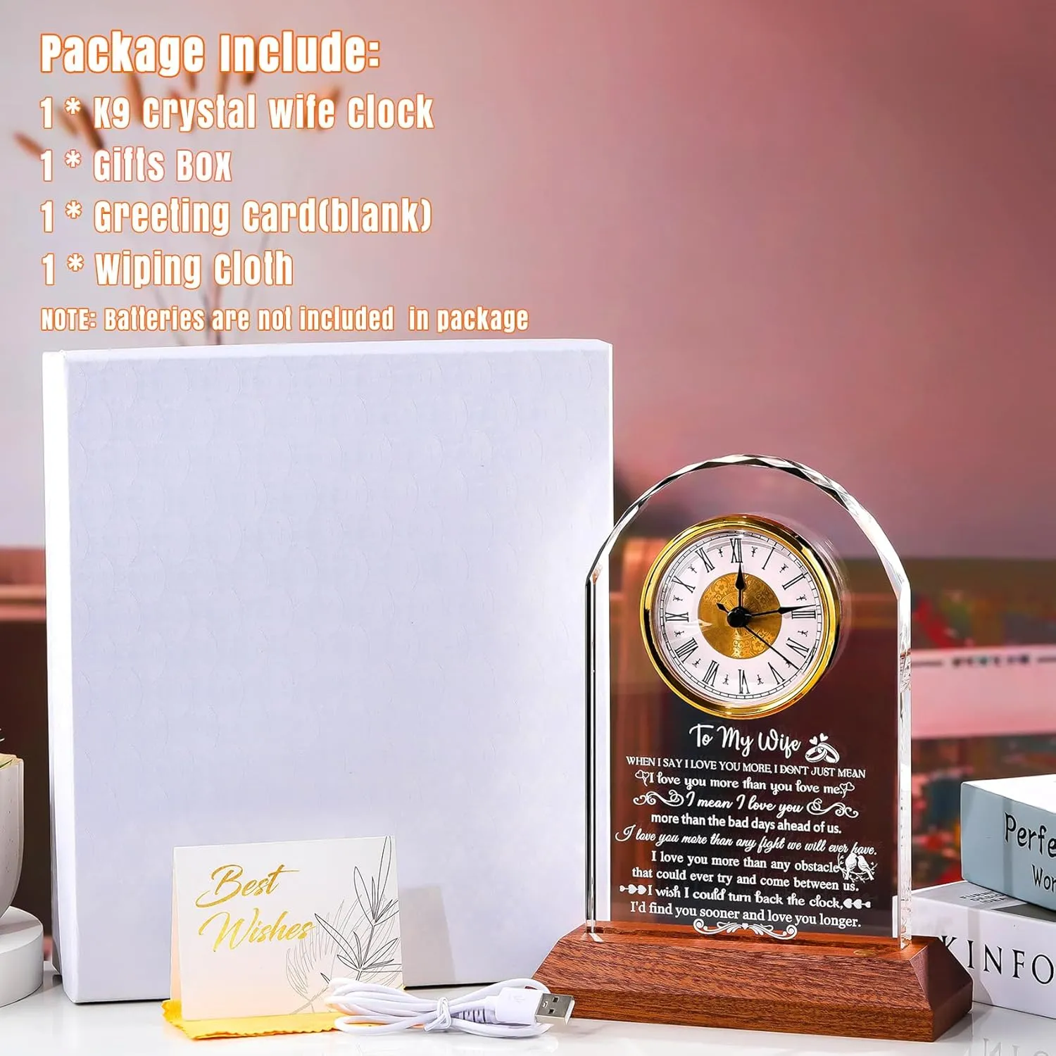 Mother's Day Ornalrist Gifts for Wife from hardly Husband - Crystal Clock with Wooden Light Base$ Christmas$ Birthday$ Wedding Anniversary Wife Gifts Ideas$ to My Wife Plaque Presents for Valentine's 