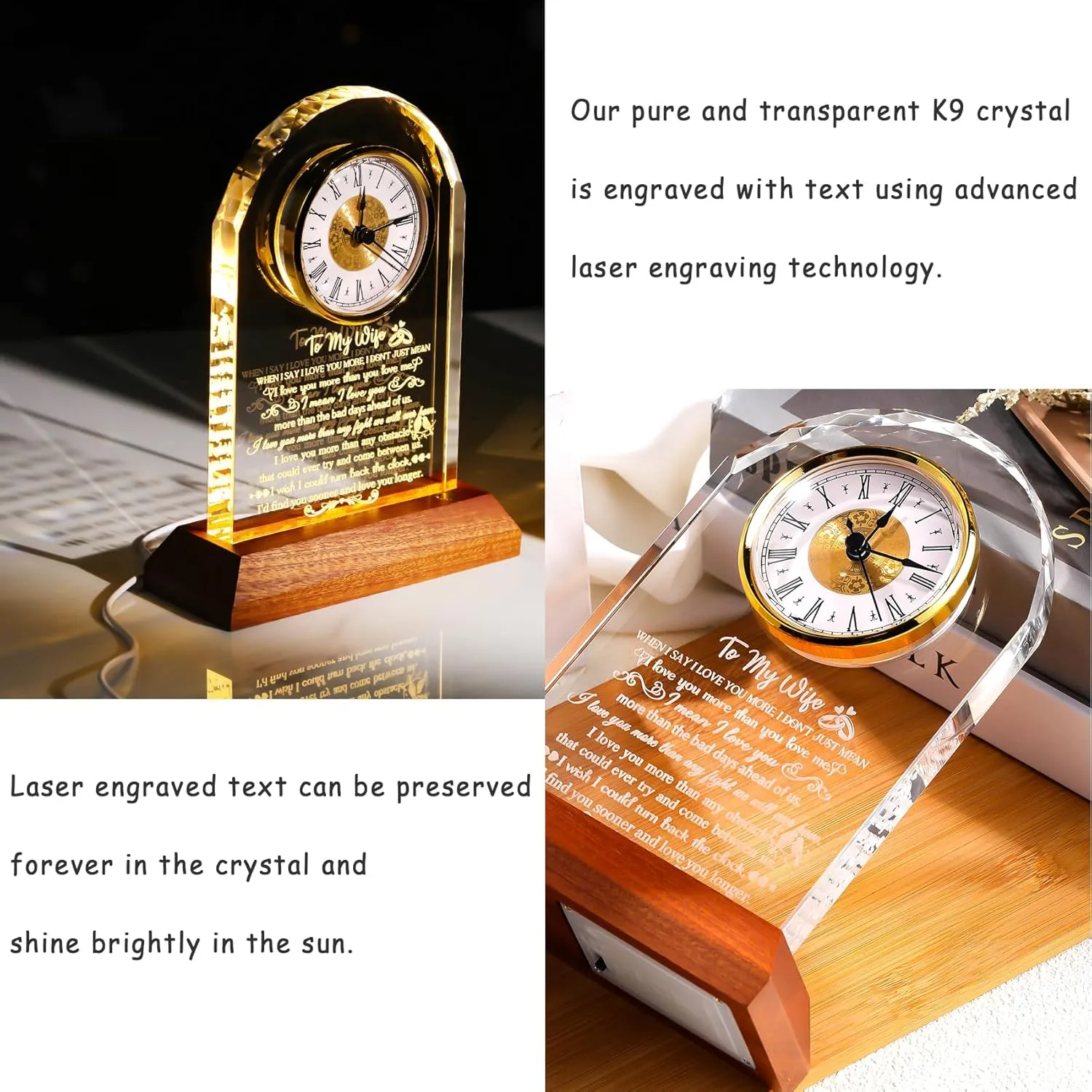 Mother's Day Ornalrist Gifts for Wife from hardly Husband - Crystal Clock with Wooden Light Base$ Christmas$ Birthday$ Wedding Anniversary Wife Gifts Ideas$ to My Wife Plaque Presents for Valentine's 