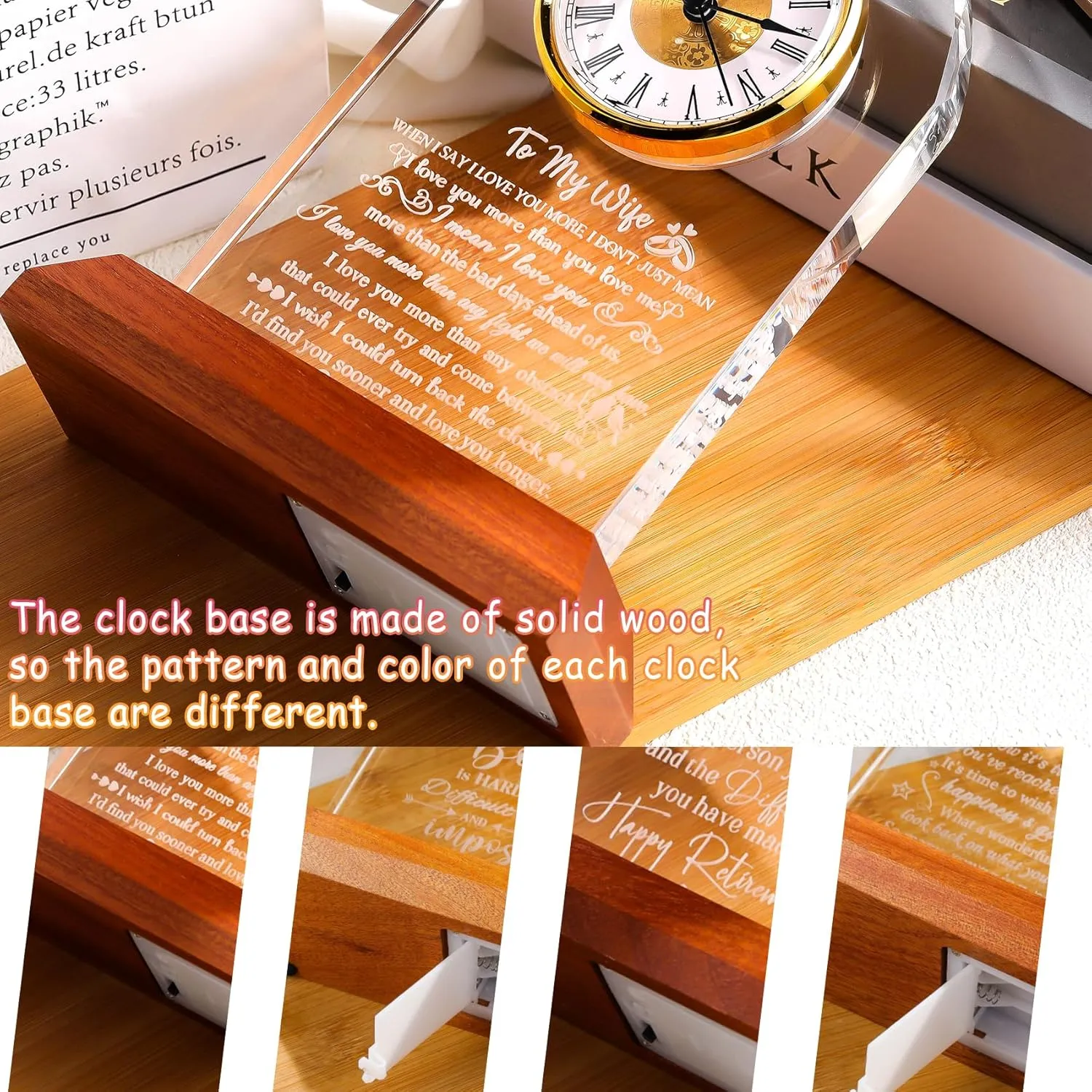 Mother's Day Ornalrist Gifts for Wife from hardly Husband - Crystal Clock with Wooden Light Base$ Christmas$ Birthday$ Wedding Anniversary Wife Gifts Ideas$ to My Wife Plaque Presents for Valentine's 