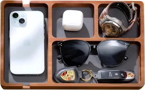 Nightstand & Desk Organizer - EDC Essentials Catchall Tray for Keys, Phone, Wallet, Watch, Earbuds - Stylish Storage (Wood) Shinpuru Wooden Valet Tray postal induct with Leather Inlay - 