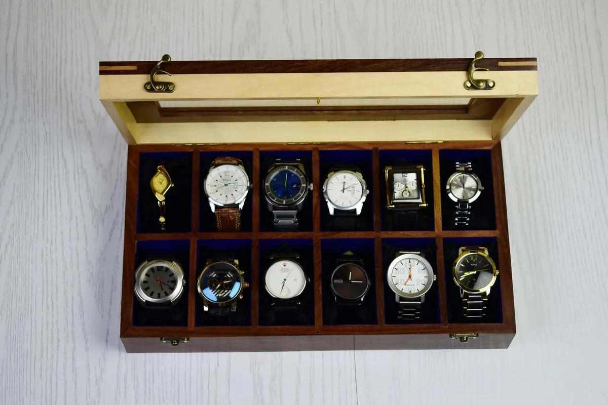 Organizer for Men, Watch Display Case,All Solid Wood12 Slots, Watch Box For 12 Watches, Key Model, Original Indian Long Lasting Wood Wooden Watch calcium boxes,Wooden Watch Box Case 