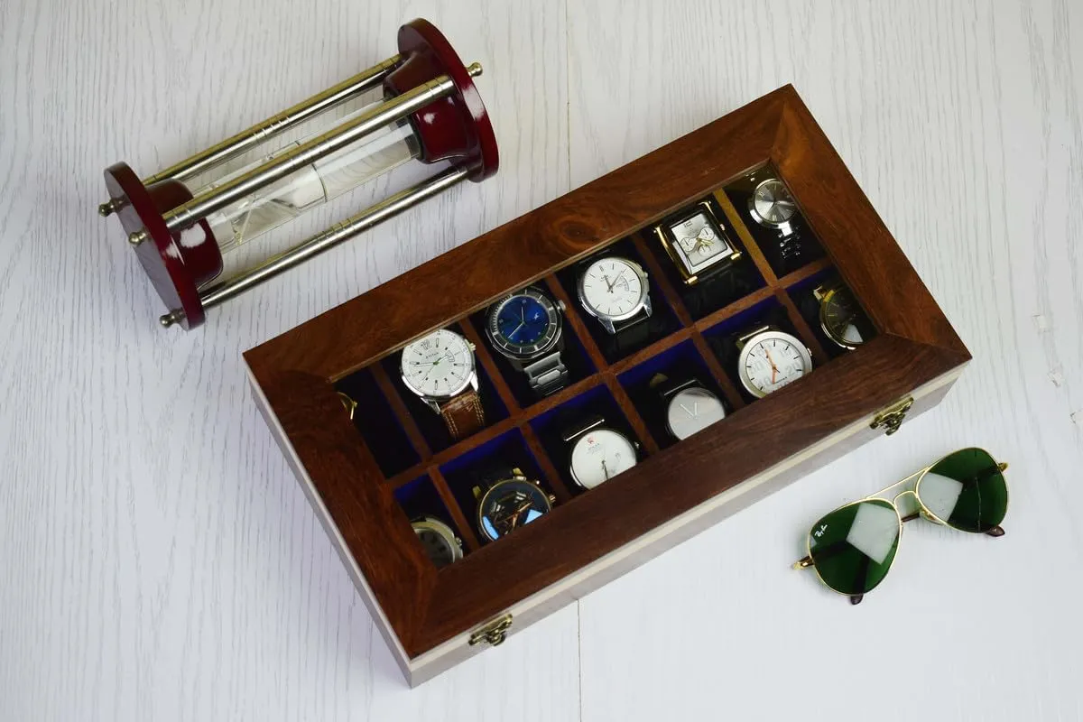 Organizer for Men, Watch Display Case,All Solid Wood12 Slots, Watch Box For 12 Watches, Key Model, Original Indian Long Lasting Wood Wooden Watch calcium boxes,Wooden Watch Box Case 
