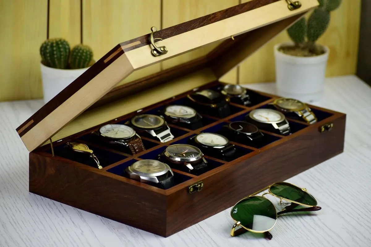 Organizer for Men, Watch Display Case,All Solid Wood12 Slots, Watch Box For 12 Watches, Key Model, Original Indian Long Lasting Wood Wooden Watch calcium boxes,Wooden Watch Box Case 