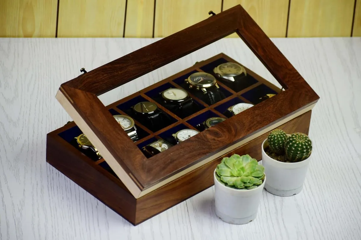 Organizer for Men, Watch Display Case,All Solid Wood12 Slots, Watch Box For 12 Watches, Key Model, Original Indian Long Lasting Wood Wooden Watch calcium boxes,Wooden Watch Box Case 