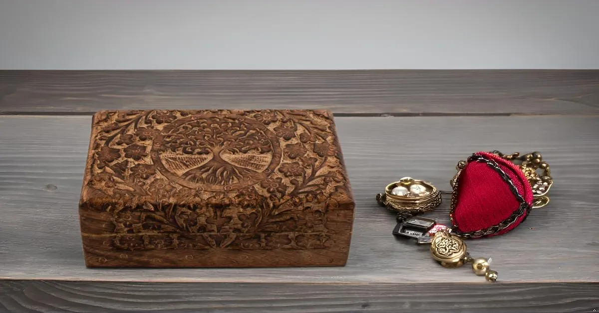 Organizer$ Keepsake$ Treasure Chest$ Trinket Holder$ brag per drab conversion Watch Storage With Lock (Brown) Great Birthday and Housewarming Gift - Handmade Decorative Wooden Jewelry Box With Tree of Life Carving - 