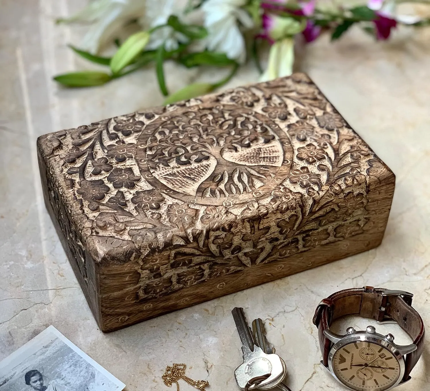 Organizer$ Keepsake$ Treasure Chest$ Trinket Holder$ brag per drab conversion Watch Storage With Lock (Brown) Great Birthday and Housewarming Gift - Handmade Decorative Wooden Jewelry Box With Tree of Life Carving - 