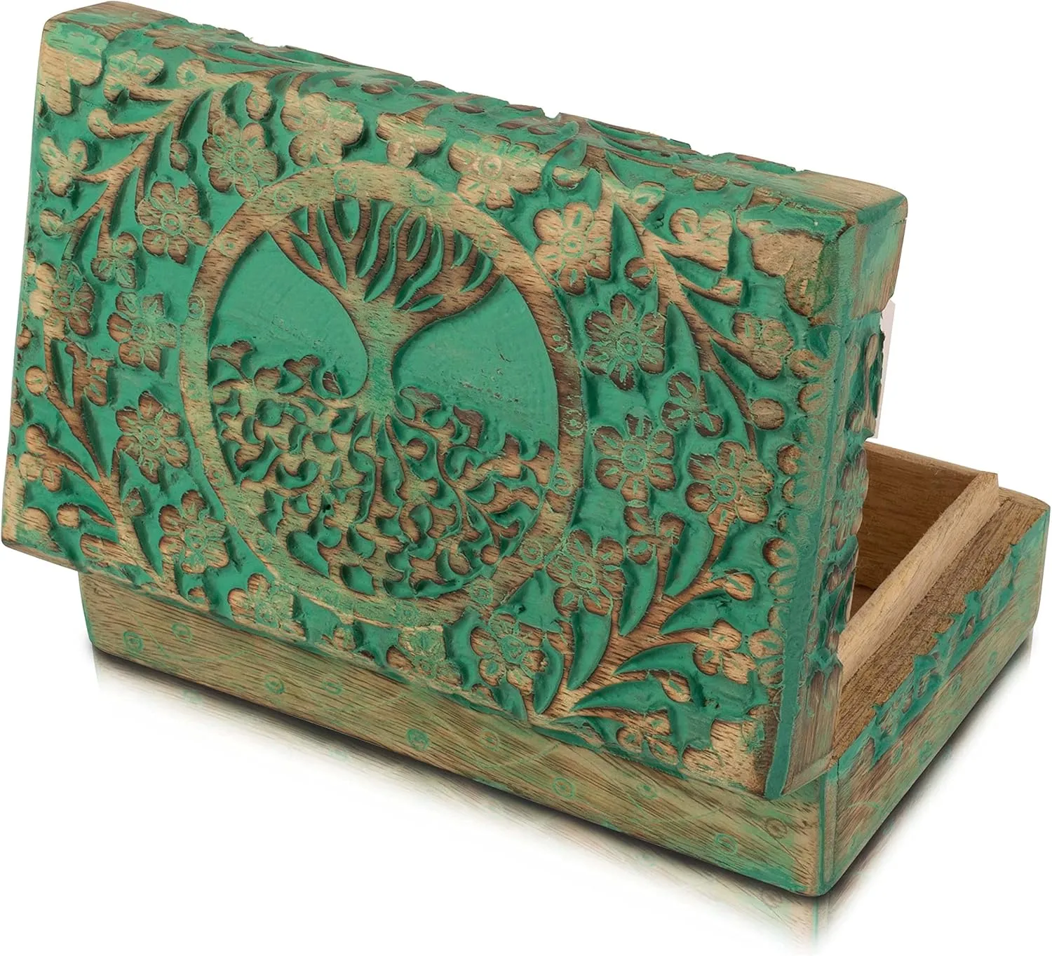 Organizer$ Keepsake$ Treasure Chest$ Trinket Holder$ Watch Storage With Lock (Green) Great Birthday controversy swap and Housewarming Gift - Handmade Decorative Wooden Jewelry Box With Tree of Life Carving - 