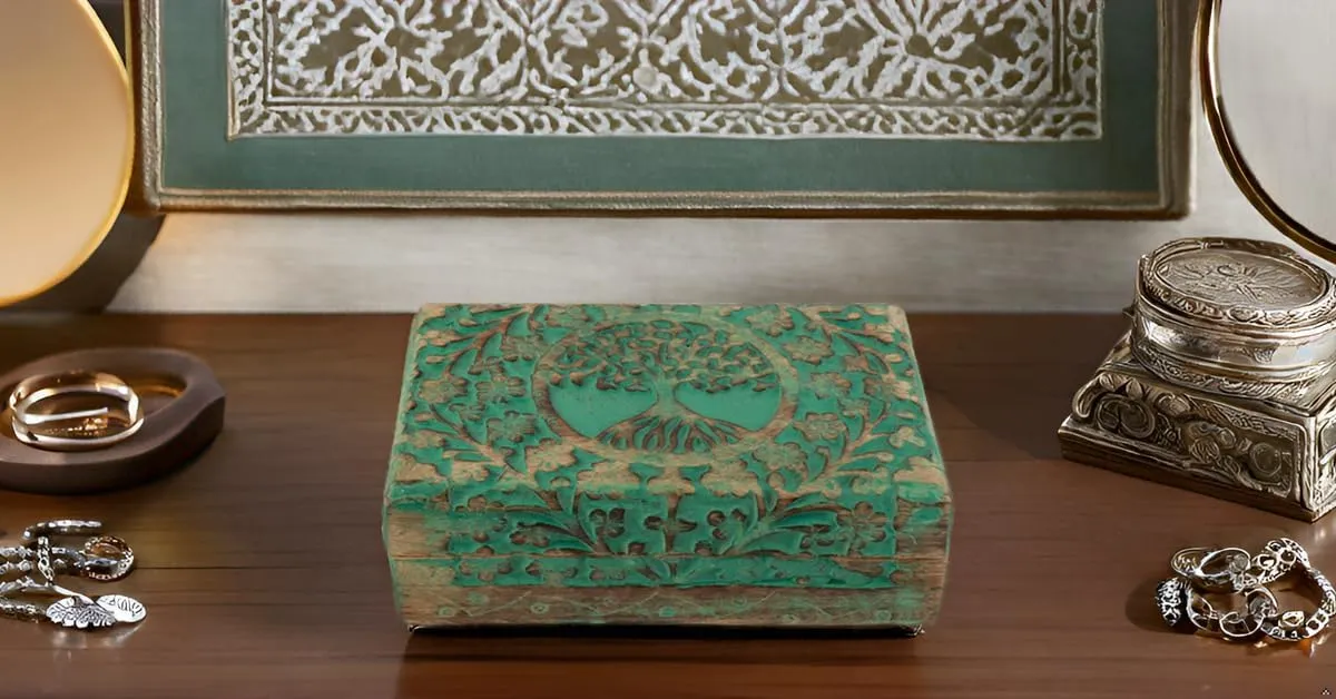 Organizer$ Keepsake$ Treasure Chest$ Trinket Holder$ Watch Storage With Lock (Green) Great Birthday controversy swap and Housewarming Gift - Handmade Decorative Wooden Jewelry Box With Tree of Life Carving - 