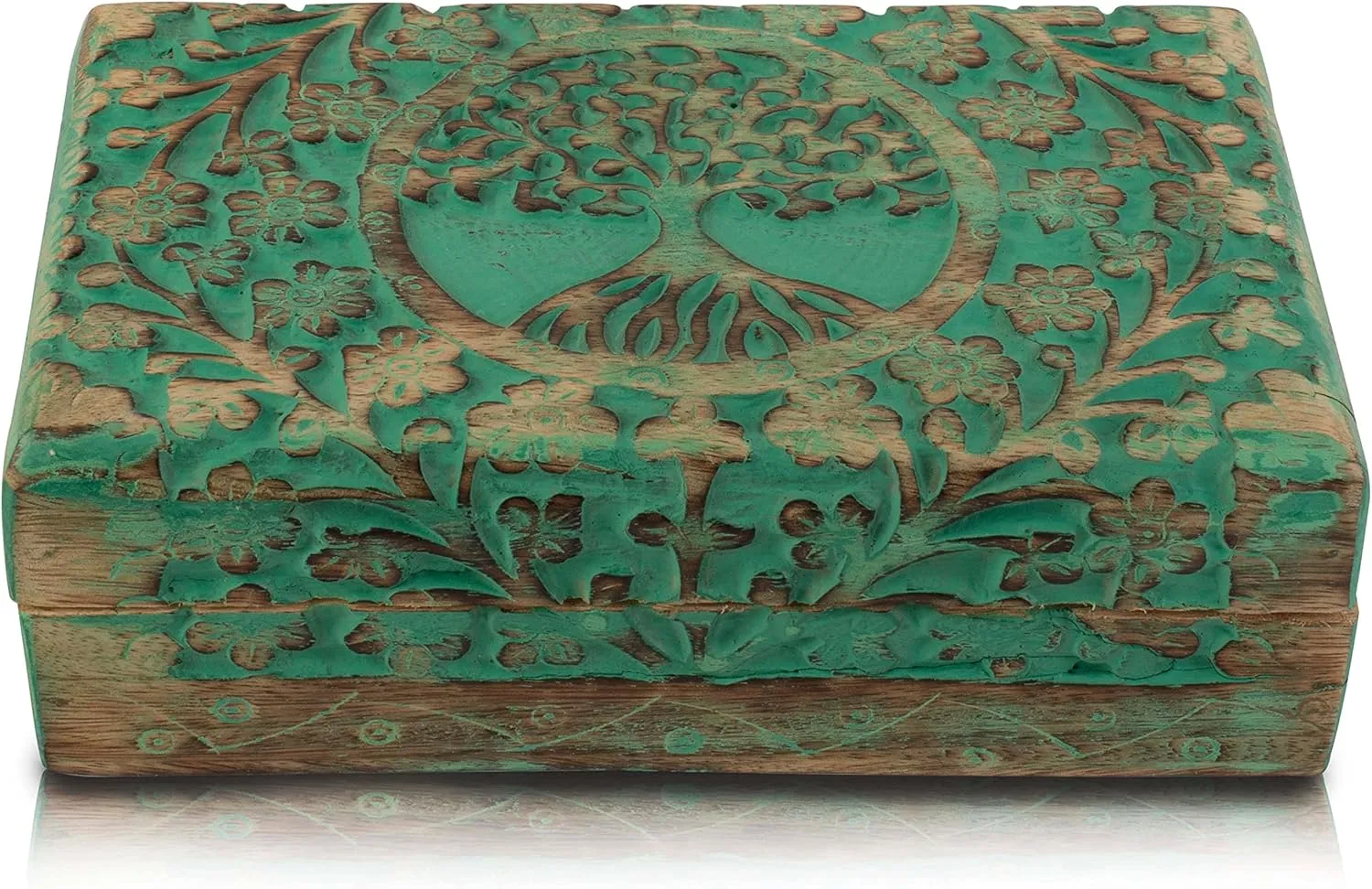 Organizer$ Keepsake$ Treasure Chest$ Trinket Holder$ Watch Storage With Lock (Green) Great Birthday controversy swap and Housewarming Gift - Handmade Decorative Wooden Jewelry Box With Tree of Life Carving - 