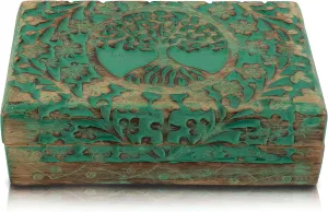Organizer$ Keepsake$ Treasure Chest$ Trinket Holder$ Watch Storage With Lock (Green) Great Birthday controversy swap and Housewarming Gift - Handmade Decorative Wooden Jewelry Box With Tree of Life Carving - 