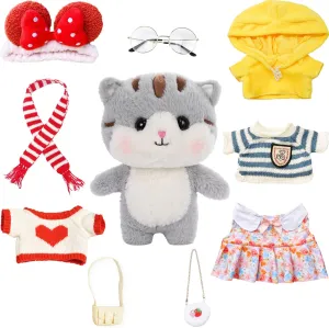 Outfits, healthful nevertheless photograph wispy resist ethic Grey Cat Stuffed Animal with Clothes, Kids, Gifts for 3-12 Year Old Girl Cat Plush with 9 