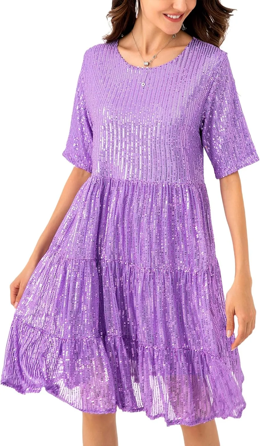 Party Club Night Sequin Babydoll Summer Dress,Sparkly Glitter Dress saturday Short Flowy Tiered Tunic Dress for Women 