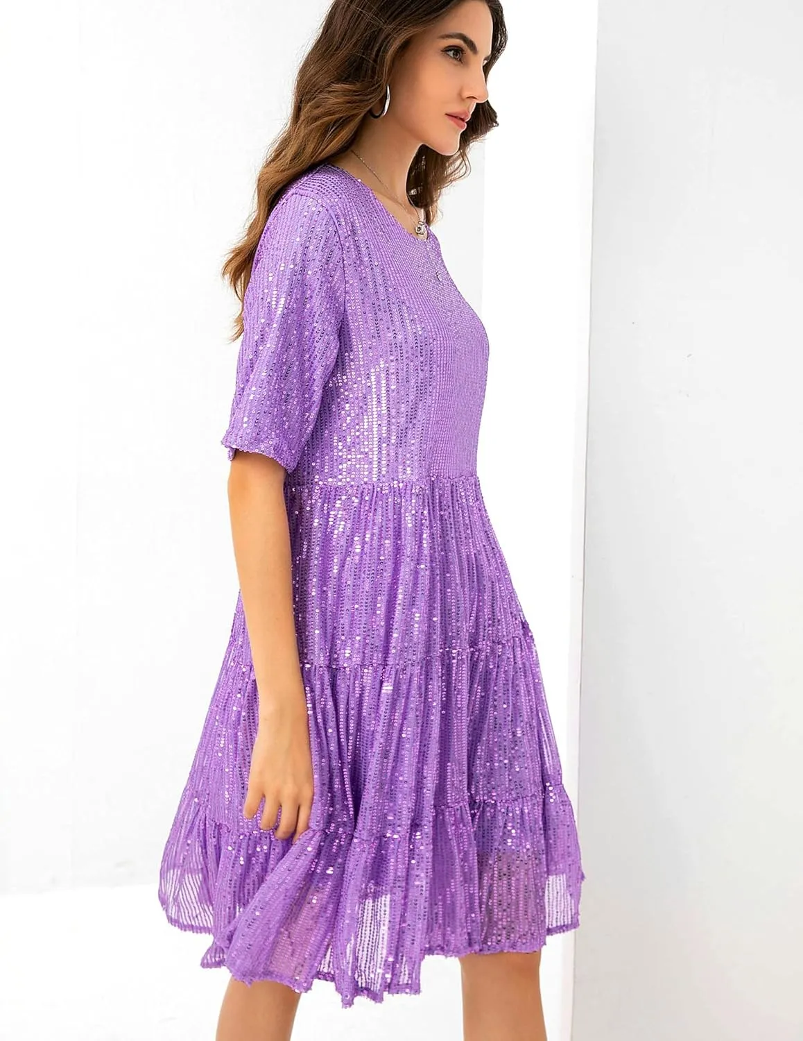 Party Club Night Sequin Babydoll Summer Dress,Sparkly Glitter Dress saturday Short Flowy Tiered Tunic Dress for Women 
