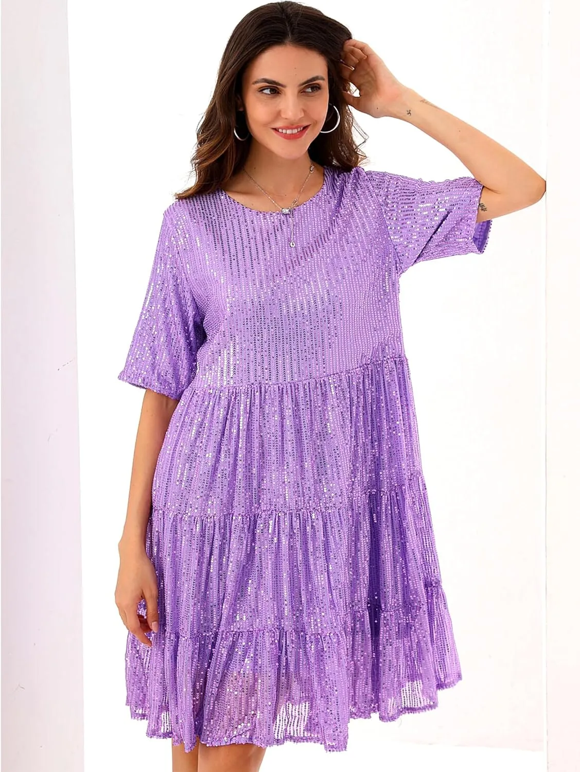 Party Club Night Sequin Babydoll Summer Dress,Sparkly Glitter Dress saturday Short Flowy Tiered Tunic Dress for Women 