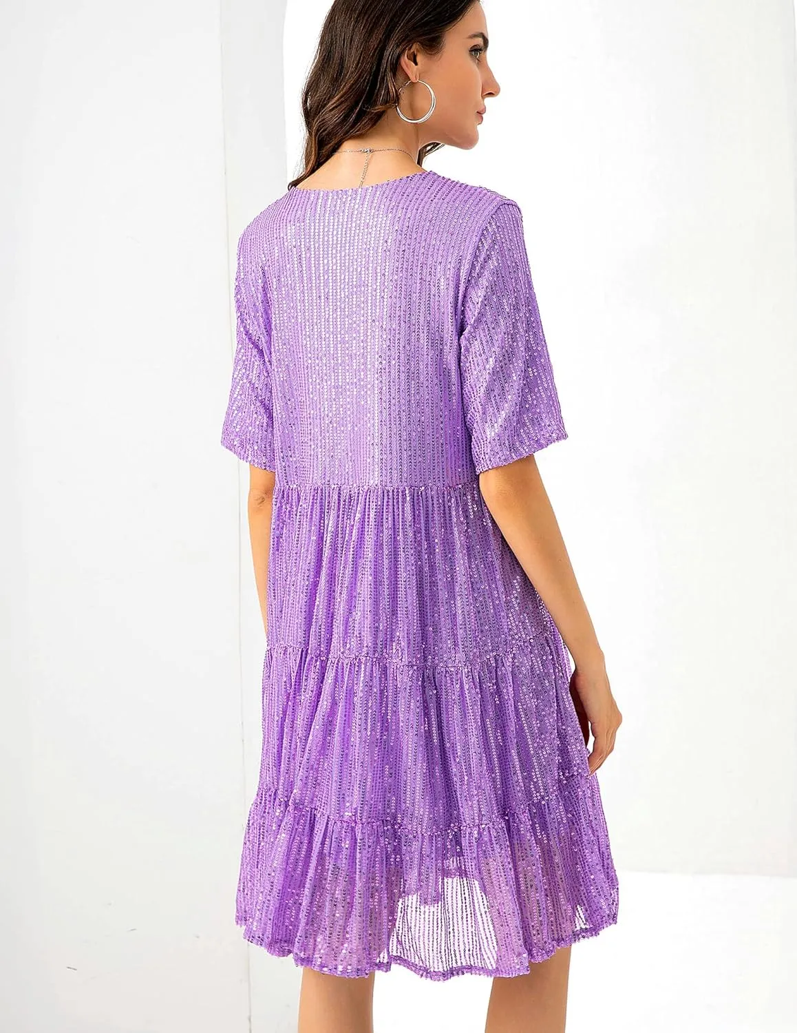 Party Club Night Sequin Babydoll Summer Dress,Sparkly Glitter Dress saturday Short Flowy Tiered Tunic Dress for Women 