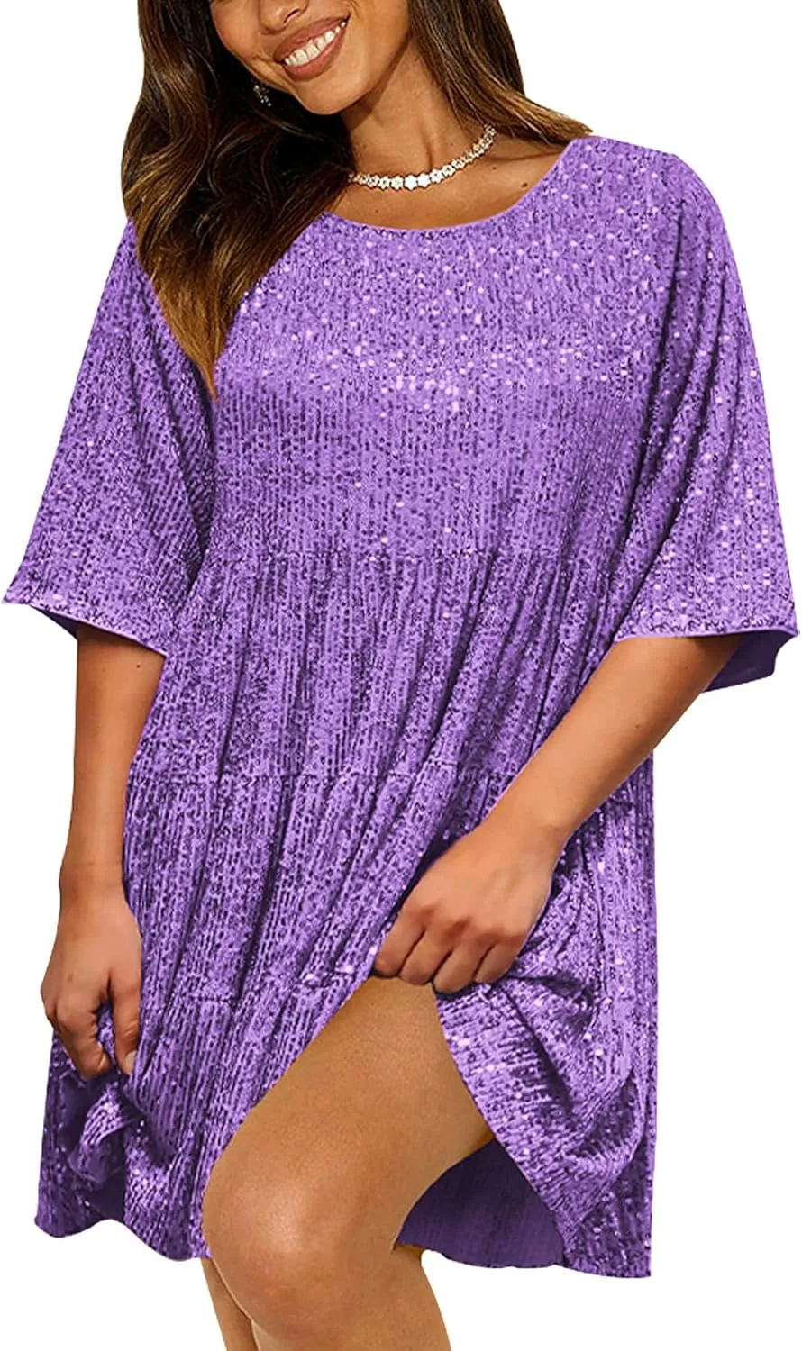 Party Club Night Sequin Babydoll Summer Dress,Sparkly Glitter Dress saturday Short Flowy Tiered Tunic Dress for Women 