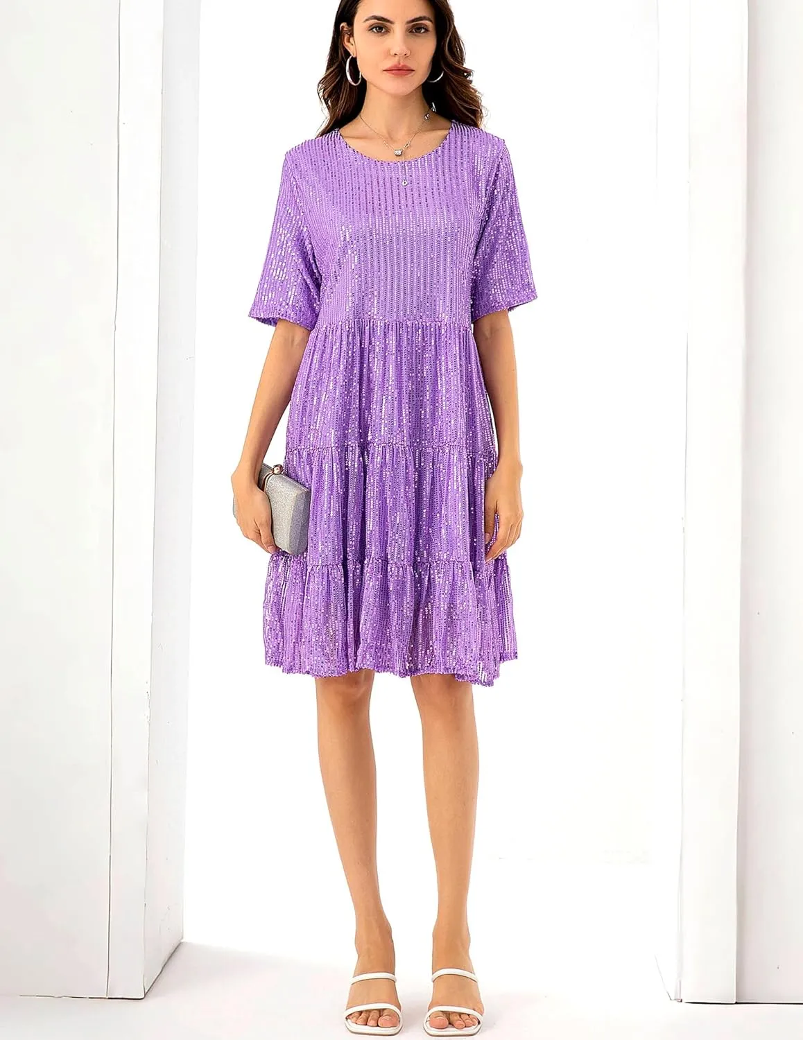 Party Club Night Sequin Babydoll Summer Dress,Sparkly Glitter Dress saturday Short Flowy Tiered Tunic Dress for Women 